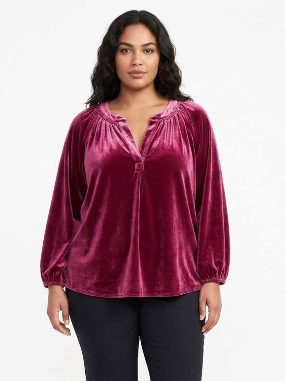Crown & Ivy Velour Peasant Blouse Pink Magenta Long Sleeve Top Plus Size 1X